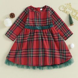 Girl Dresses Toddler Girls Dress Baby Christmas Clothes Long Sleeve Round Neck Back Bow Plaid Tulle Hem Holiday