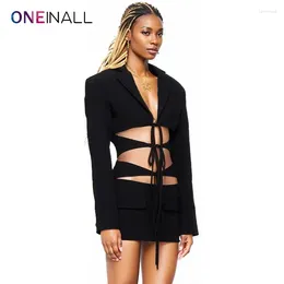 Women's Suits ONEINALL Patchwork Lace Up Blazers For Women Lapel Long Sleeve Loose Spliced Pockets Solid Folds Casual Coat Female Spring