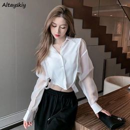 Women's Blouses Shirts Women Retro Chic Patchwork Design Sexy Elegant Ladies Crop European Style Turn-down Collar Streetwear All-match