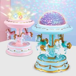 Decorative Figurines Carousel Music Box Colorful Light Projection Girls Anniversary Birthday Gift Desktop Decoration