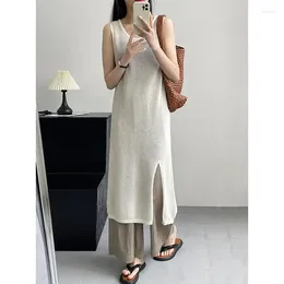 Casual Dresses Summer Cutout Split Dress For Women Design Sleeveless Style Cover Up Long Round Neck Solid Colour