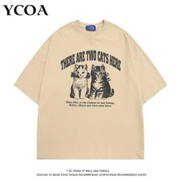 Men's T-Shirts Men Streetwear Tshirt Kitty Cat Washed Black Graphic Harajuku Summer Cute Hip Hop Cotton Loose Tops Tees Y2k Aesthetic Clothing Y240522