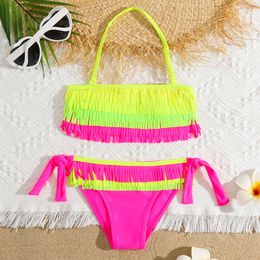 Girls Patchwork Fringe Bikini Swimsuit Kids Halter Top Two Piece Children's Swimwear 5-12 Years Tie Side Bathing Suit Beachwear L2405