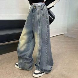 Teenage Girls Fashion Spliced Design Floor Jeans Trousers Kids Wide-leg Denim Pants for 6 8 10 12 14Years Children Bottoms L2405