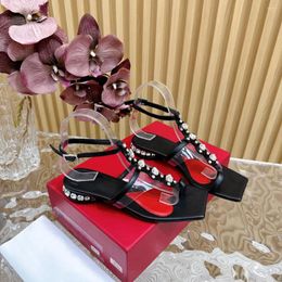 Sandals Shoes For Women Genuine Leather Thong Low Heels Crystal Luxury Leisure Flats Summer Designer Zapatos De Mujer
