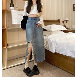 Skirts Irregular Fringe Denim Skirt Women's Summer High Waist To Cover The Crotch Slimming Medium Long A-line