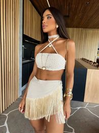 Summer Two Piece Skirt Sets Sexy Sleeveless Short Bandeau Top Elegant Tassel Skirt Chic Beach Outing Women Bandage Suits 240517