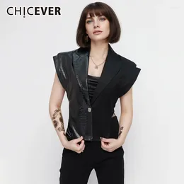 Women's Vests CHICEVER Streetwear Black Waistcoat For Women V Neck Sleeveless Solid PU Leather Minimalist Female Summer Clothing Style