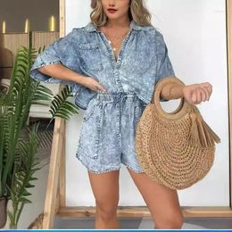 Women's Tracksuits Fashion Vintage Denim Blue Shorts Suit For Women Summer Simple Pocket String Casual Loose Tops 2 Piece Set Female