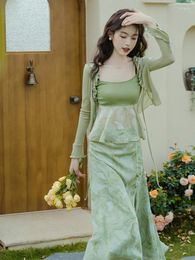 Work Dresses Chinese Style Retro Three Piece Set Women Flare Sleeves Chic Knitted Shirt Ruffle Slip Print Skirt Autumn Green Suit