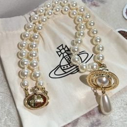 Luxury Brand 3D Saturn Water Droplet Pearl Necklace Designer Fashion Viviane Pendant Necklaces Spicy Girl Pearl Necklace Jewellery High Version