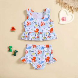 Two-Pieces Two-Pieces Two piece toddler girl swimsuit with pleated ocean/flower/dinosaur tank top+shorts bikini set beach swimsuit summer printed swimsuit WX5.22