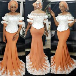 Mermaid Off the Shoulder Evening Dresses Elegant Applique Lace Mermaid Satin Prom Gowns Plus Size Aso Ebi African 224j