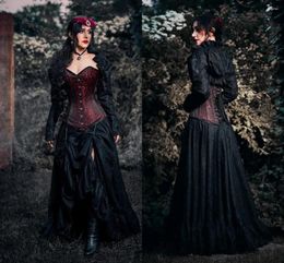 Partykleider Gothic Victorian Lace Prom mit Langarmjacke Schatz Burgund und schwarzes Korsett Top Cosplay Kostüm Abendkleid