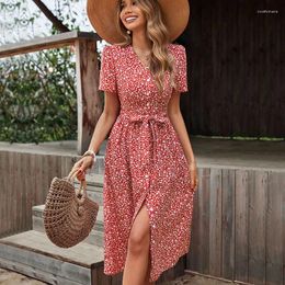 Party Dresses Chic French Long Dress For Women 2024 Summer Vintage Casual Print Sexy V-neck Boho Red Sundress Clothing
