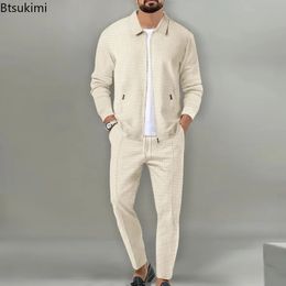 2024 Mens Casual Waffle Two Piece Pants Sets Loose Lapel Zipup Coats and for Clothing Autumn Fashion Male 240513