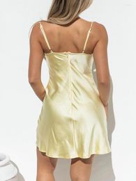 Casual Dresses Womens Y2K Satin Mini Dress Sexy Spaghetti Strap Backless Tie Front Lace Trim A-Line Split Party Clubwear