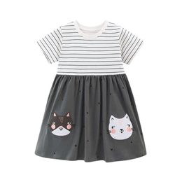 Jumping Metres 2-7 Years Summer Princess Baby Girls Dresses Striped Animals Applique Party Birthday Kids Short Sleeve Frocks L2405