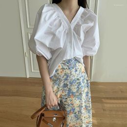 Women's Polos Tops Blouses Korean Chic Simple Temperament V-neck Single Breasted Loose Bubble Sleeve Shirt High Waist Chiffon Floral Skirt