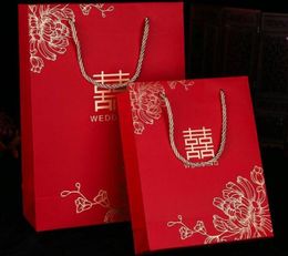 100pcslot Chinese style Red Double Happiness Paper gift bags for Wedding Packaging Bag with Handle Party Favors3592010