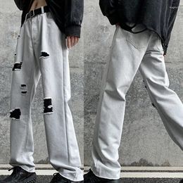 Men's Jeans High Streetwear Grey White Loose Hole Straight Trouser Teenager Hem Ragged Edge Hip Hop Trendy Brand Trousers