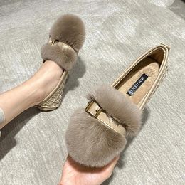 Casual Shoes Big Size 40-43 Winter Fur Flats Woman Furry Loafers Warm Plush Lattices Moccasins Belt Buckle Cotton For Women 2024