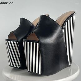 Dress Shoes Ahhlsion Real Women Summer Slingback Sandals Ultra High Wedges Heels Round Toe Black Party Ladies US Plus Size 4-15