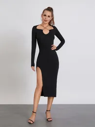 Casual Dresses Women Sexy Y2K Bodycon Dress Long Sleeve Chest Hollow Out Club High Split Slim Fit Fall For Party