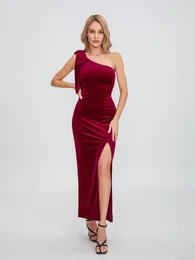 Casual Dresses Wsevypo Vintage Velvet Formal Long Dress Women's Bowknot One Shoulder Straps Split Bodycon Tank Evening Gown Vestidos