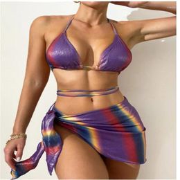 Women's Swimwear 2024 Sexy Swimsuit Summer Gradient Colour Bikini Three-piece Lace-up Bandage Padded Monokini Beach Wear Hollow Out