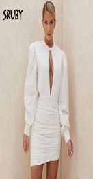 Mini White Dress Woman Ruched Puff Sleeve Long Sexy Cut Out Bodycon Cotton Outfits Party For Women Casual Dresses3801692