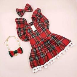 Cat Costumes Christmas Dog Dresses Strap Autumn Winter Clothing Skirt Pet Cosplay Checker Clothes For Small