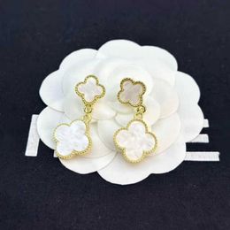 Unique design with classic earrings Vanly Trendy Classic Elegant High Earrings Fashion Light Luxury Jewelry White Four Leaf have Original Van logo