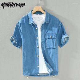 Men's Casual Shirts Japanese Style Denim Short Sleeve Men Summer Daily Causal Loose Jeans Shirt Pure Cotton Button Up Fashion