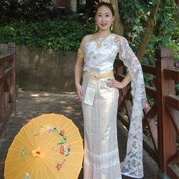 Ethnic Clothing Thai Dress Wedding Engagement White Sleeveless Single Shoulder Tops Skirt Shawl Slim Fit Thailand Traditional For Women