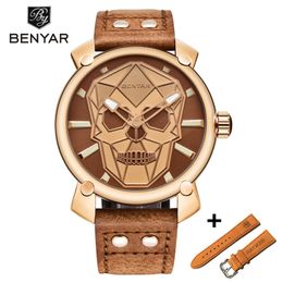 BENYAR New Creative Blue Skull Watch Mens Watches Set Luxury Fashion Leather Quartz Wristwatch Clock Men Relogio Masculino 289e