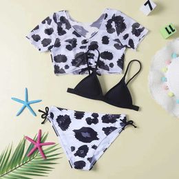 Two-Pieces Two-Pieces Girls 3-pack denim printed bikini set short sleeved top swimsuit childrens swimsuit aged 7-12 2024 beach swimsuit WX5.22