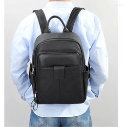 Backpack Simple Men Genuine Cow Leather Bagpack Business 14 Inch Laptop Computer Back Pack College Student School Bag Black