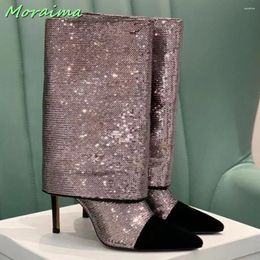 Boots Sequins Pointed Toe Bling Trousers Stiletto High Heel Stitching Slip On Solid Women Shoes Autumn Winter Runway Fashion