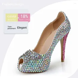 Casual Shoes Coloured Diamond Fine Heel Leakage Toe Fish Mouth High Heels Colourful Butterfly Buckle Handmade High-end