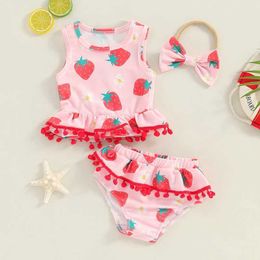 Two-Pieces Two-Pieces 6M-3T Preschool Girls Summer Bikini Set Strawberry Flower Printed Tank Top with Shorts and Headband Swimwear WX5.22