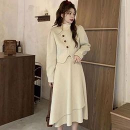 Two Piece Dress Women's Retro Casual Wave Woolen Suit Jacket Half Skirt Set French Round Neck Irregular Two-piece