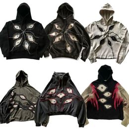 Y2K American Street Retro Hip-Hop Eye Pattern Patch Hooded Sweater Men Harajuku Gothic Loose Fashion Pullover Sweater Women 240510