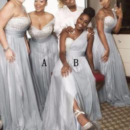 Silver Arabic A Line Bridesmaid Dresses Long 2020 Sexy One Shoulder Glitter Sequins Floor Length Maid Of Honor Dress Plus Size AL2789 347I