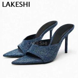 Dress Shoes 2024 Summer Slippers Women High Heels Denim Blue Pointed Toe Sexy Mules Fashion Party Slides Ladies Heeled Sandals H240527