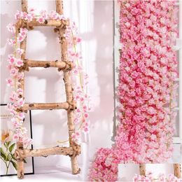 Decorative Flowers Wreaths 1.8M Pink Cherry Blossom Artificial Flower Silk Garland Vine Home Party Garden Arch Wedding Background Dh53W