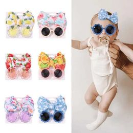 Sunglasses 2Pcs/Set Lovely Seaside Sunglasses Headwear Baby Bows Headband Girl Cute Elastic Nylon Hair Bands Protection Glasses Accessories Y240523