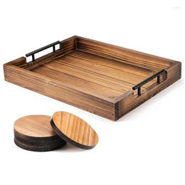 Tea Trays Ottoman Tray With Handle For Living Room Set Of 4 Natural Wooden Coasters Rustic Serving Coffee Table Kitchen