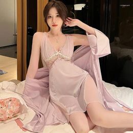 Women's Sleepwear Summer Bathrobe Gown Suit Women Lingerie Two Piece Lace Robe Nightgown Set Silky Satin Nightdress Kimono Loungewear