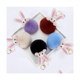 Keychains Lanyards 25 Colors Imitation Rabbit Hair Keychain Pattern Pompom Cute Car Key Ring Pendant For Womens Schoolbag Student Dhtli